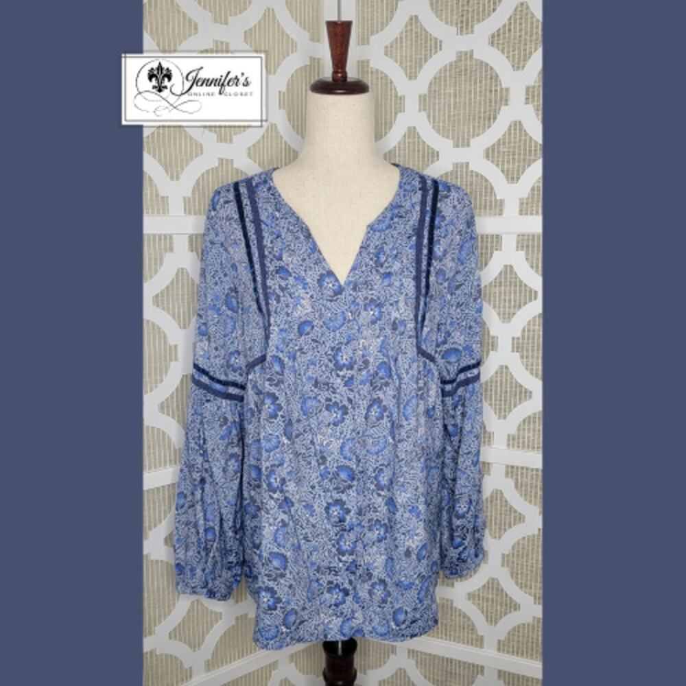St. John's Bay Blue Floral Split Neck Balloon Sleeve Peasant Blouse Size L
